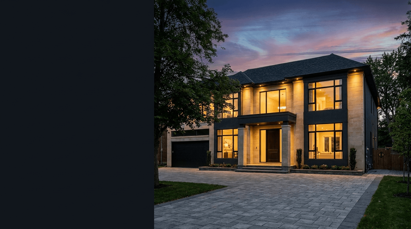 A modern luxury residence at dusk in the Greater Toronto Area