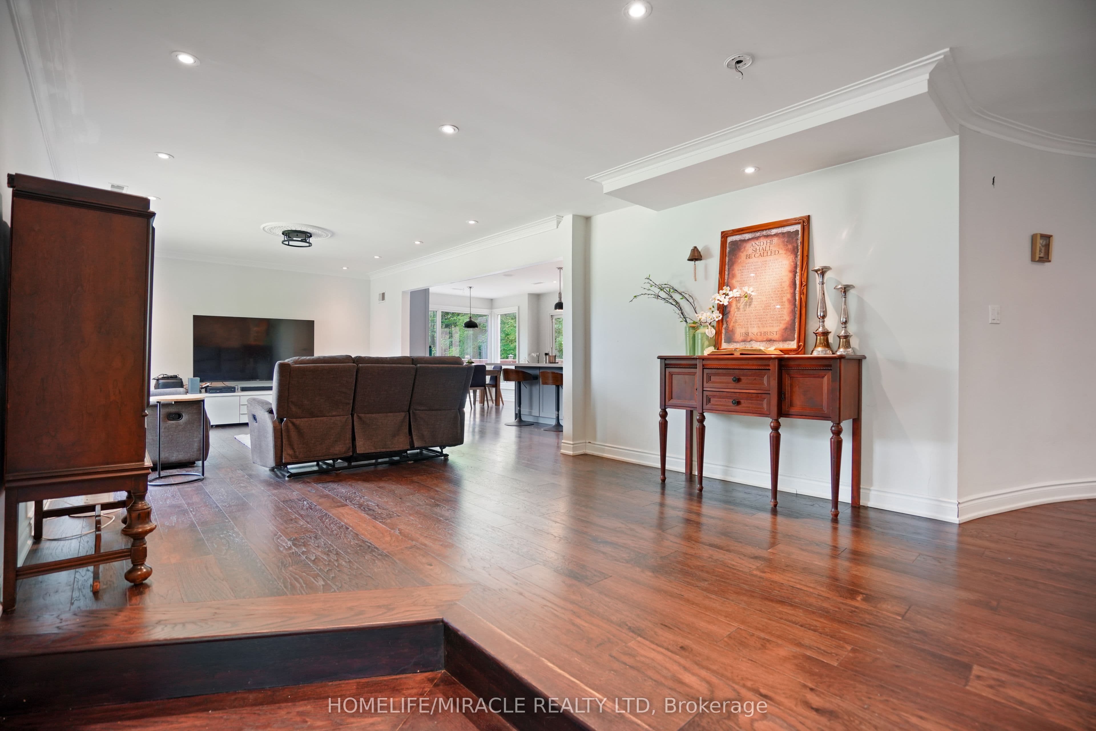 facing the open concept kitchen and family room